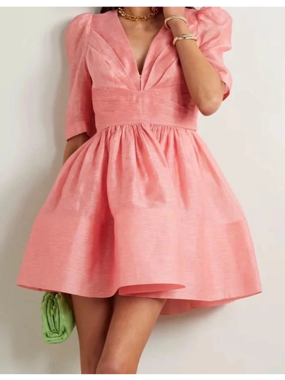 Zimmermann Wonderland Guava Pink Silk Linen Puff Sleeve Mini Dress